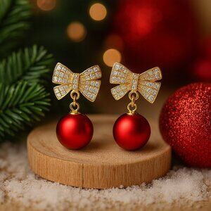 🆕️Holiday Red Ornament Bow Tie Earrings Sparkling Zircon Festive Jewelry Gift